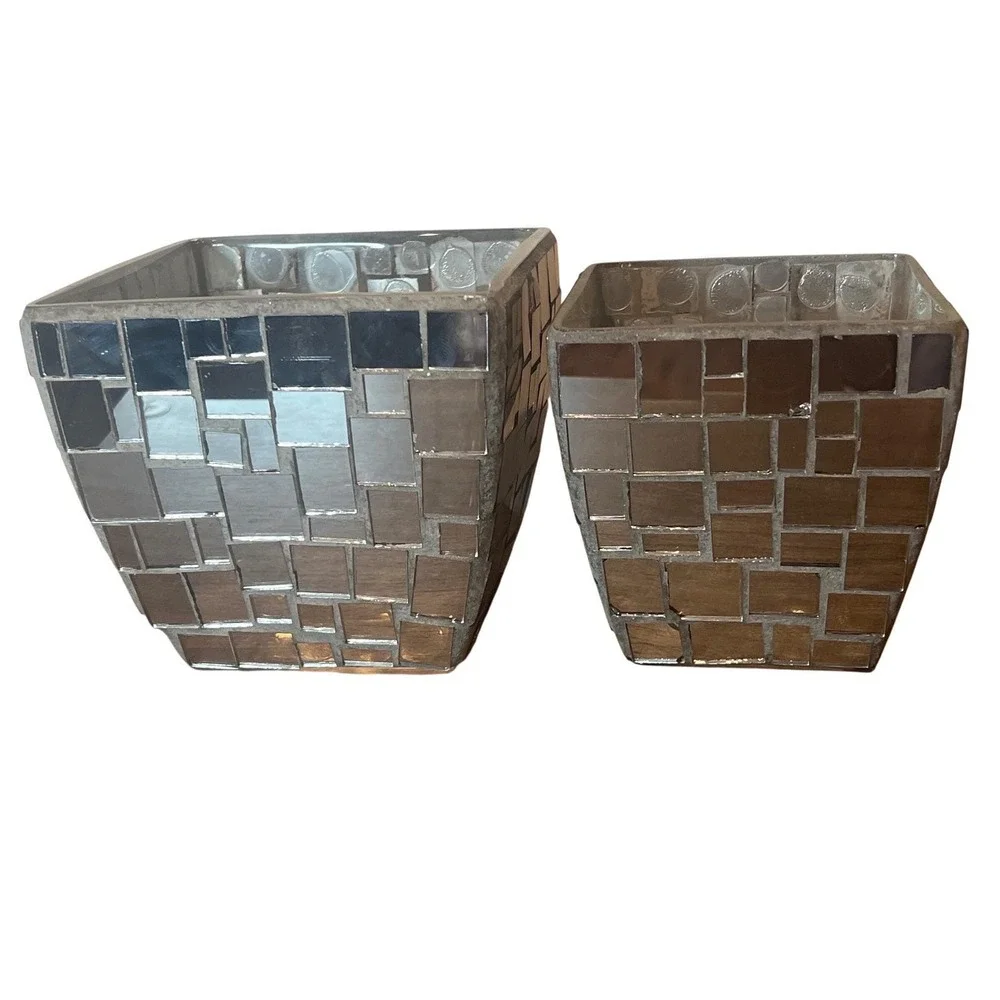 Mirrored Mosaic Candle Holders Vase Planter Set Silver Glam‎ Chic Decor Vintage